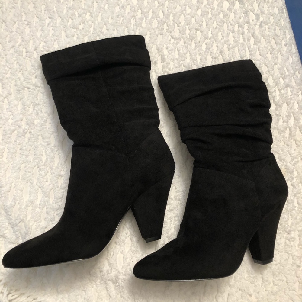 Black Suede Mid Calf 2 inch heel boots